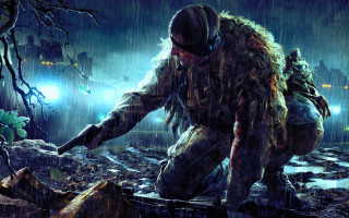 Man camouflage crouching rain knife - light in the background free wallpaper