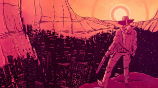 Man standing mountain city red - dave gibbons free wallpaper