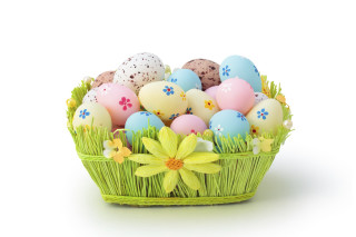 Basket filled colorful eggs flowers - ray free wallpaper for desktop