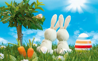 Stuffed rabbits grass tree eggs 2 - top of them free wallpaper for desktop