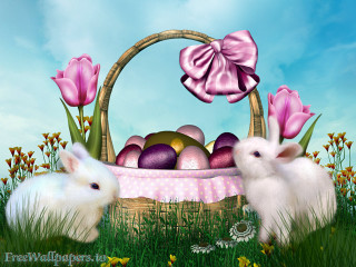 Two white rabbits basket eggs - egg free wallpaper