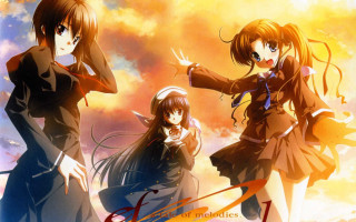 Anime girls field clouds sky - poster art free wallpaper for desktop