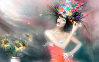 Woman red dress flower hair 5 - anna dittmann free wallpaper