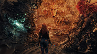 Woman tunnel giant clock creature - dystopian art free wallpaper