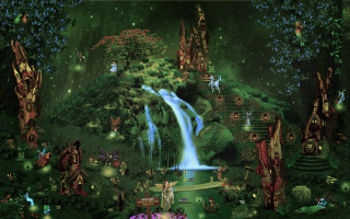 Waterfall fairy tale scene christmas - tree and buildings free wallpaper