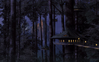 Tree house forest night lights 2 - christophe vacher free wallpaper for desktop