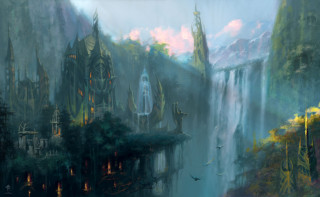 Waterfall castle bird flying sky - a painting of a waterfall free wallpaper