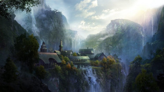 Fantasy castle mountain waterfall below 3 - tree and mountains free wallpaper