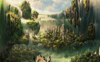 Fantasy city mountain river forest - a forest below free wallpaper