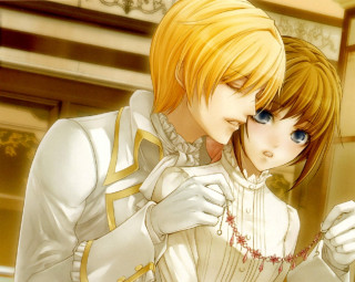 Anime couple hugging room clock - the wall behind them free wallpaper