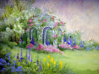 Gazebo flowers trees garden pink - carol sutton free wallpaper