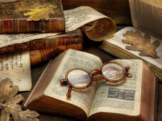 Glasses open book pile leaves - a pair of glasses free wallpaper