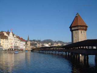 Bridge water buildings clock tower - panoramic free wallpaper