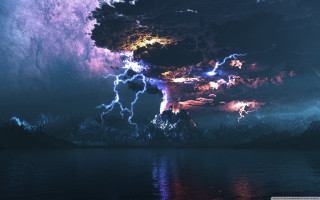Cloud lightning lake mountain scenery - volumetric lightning free wallpaper