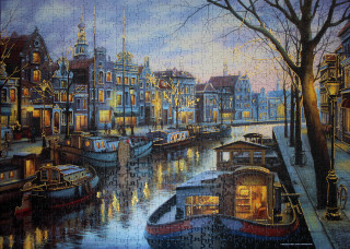 Canal boats city nighttime buildings - oil painting free wallpaper