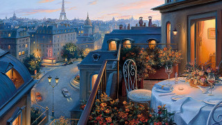 Cityscape table chairs view painting - kinkade free wallpaper