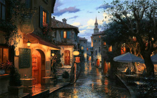 Street cafe clocktower nighttime painting - kinkade free wallpaper