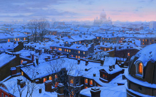 Snowy city clock tower skyline - kinkade free wallpaper for desktop