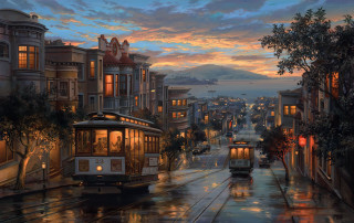 Trolley car city street night - kinkade free wallpaper for desktop