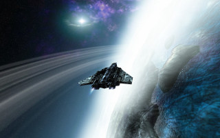 Spaceship flying planet star lightbeam - chris moore free wallpaper