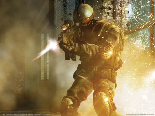 Futuristic man suit gun city 2 - classical realism free wallpaper