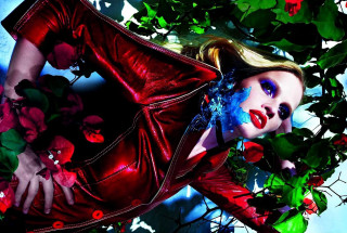 Woman red dress flowers blue - a blue face free wallpaper