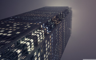 Tall building windows night foggy - unreal engine free wallpaper for desktop
