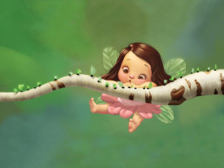 Girl tree caterpillar back green - whimsical free wallpaper
