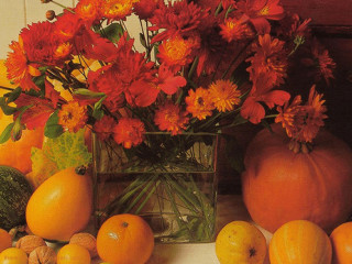 Vase flowers oranges table fruits - a pumpkin free wallpaper