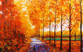Forest path trees leaves painting 5 - oil painting free wallpaper