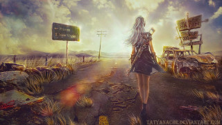 Woman walking road broken car - apocalyptic free wallpaper for desktop