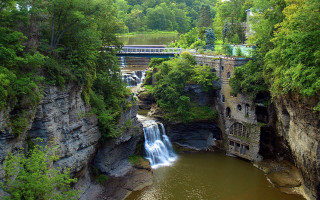 Waterfall canyon bridge train nature - a train free wallpaper