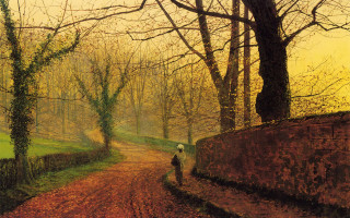 Walking dirt road woods autumn - a painting of a person free wallpaper