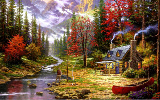 Cabin woods stream canoe autumn - kinkade free wallpaper for desktop