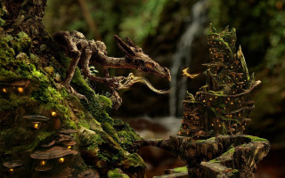 Dragon statue forest waterfall mossy - a waterfall in the background free wallpaper
