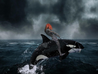 Woman riding whale ocean cloudy - surreal free wallpaper