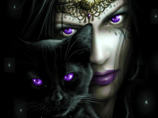 Woman purple eyes black cat 4 - a gold chain free wallpaper