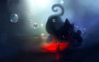 Cat umbrella dark bubbles light - bubble free wallpaper