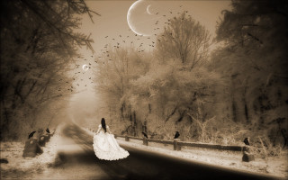Woman white dress moon birds - dreamlike free wallpaper