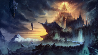 Castle mountain dragon flying over - a giant dragon free wallpaper