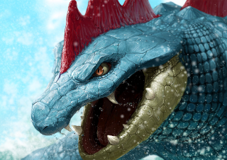 Blue red dragon statue mouth - tooth wide free wallpaper