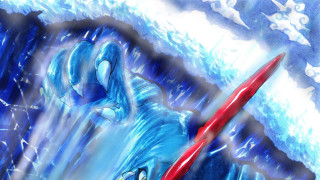 Blue white painting person sword - rob rey and kentaro miura style free wallpaper for desktop