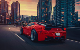 Red sports car city sunset 5 - outrun free wallpaper for desktop