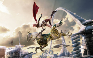 Woman costume flying city sculpture - a red dragon free wallpaper