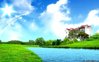House hill river boat blue - cao buxing free wallpaper for desktop