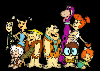 Cartoon characters group standing black - a black background behind them free wallpaper