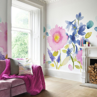 Living room flower wall fireplace - brush stroke free wallpaper