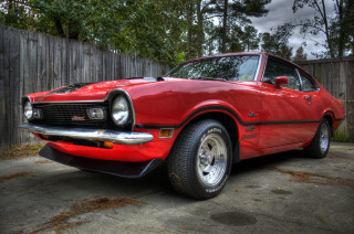 Red car parked driveway wooden - a driveway next free wallpaper