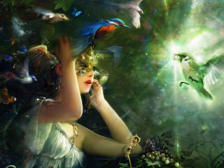 Woman bird head shoulder forest - her head and a bird free wallpaper