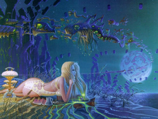 Woman forest monsters mushrooms laying - fantasy artwork free wallpaper